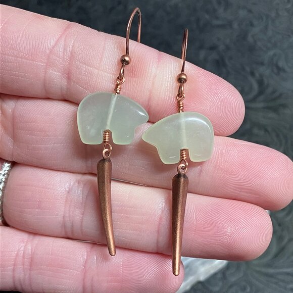 Green New Jade Serpentine Zuni Bear and Copper Dagger Dangly Earrings - Picture 3 of 7